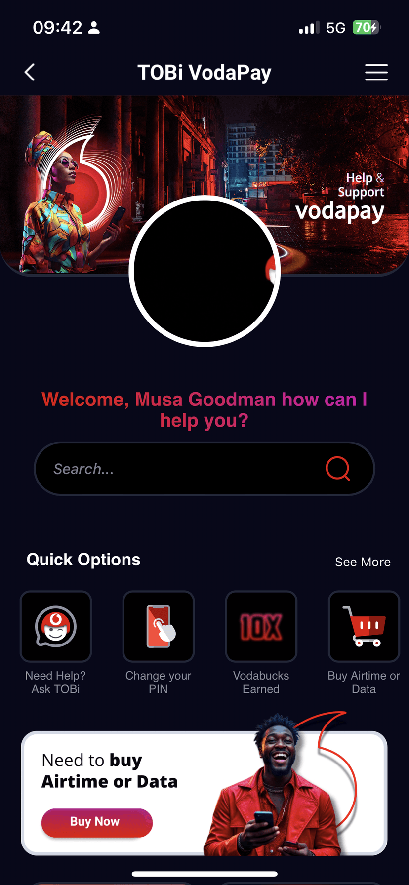 TOBi VodaPay digital assistant interface showing personalized greeting, search functionality, and quick action options for customer self-service