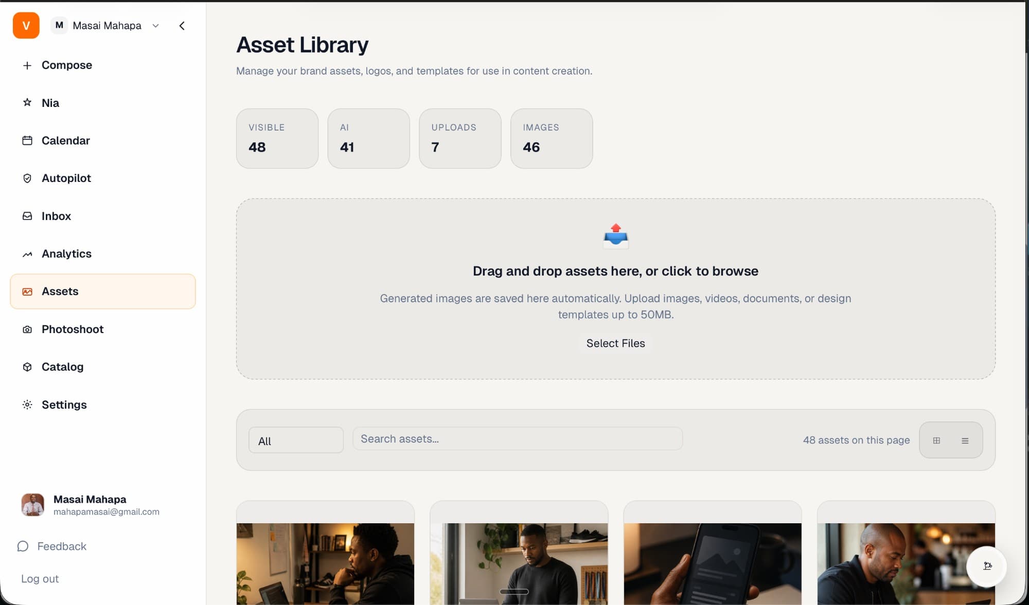 Vuti asset library showing brand assets and AI-generated images