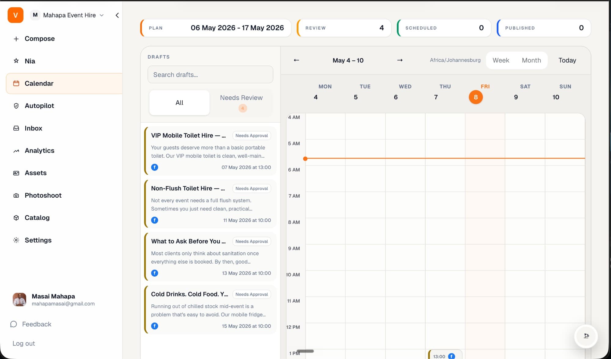 Vuti calendar view with drafts awaiting approval and a weekly schedule