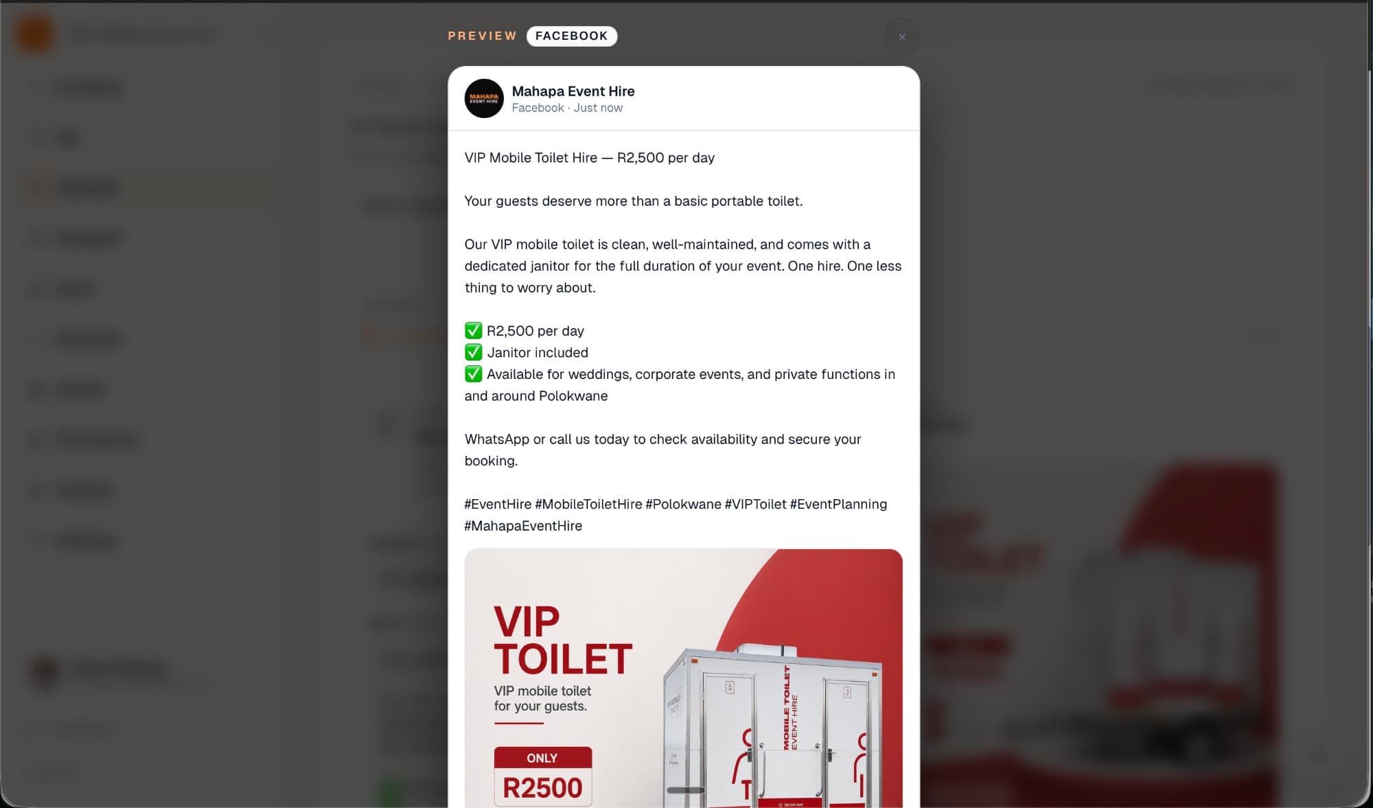Facebook preview of a Vuti-generated post with copy and image