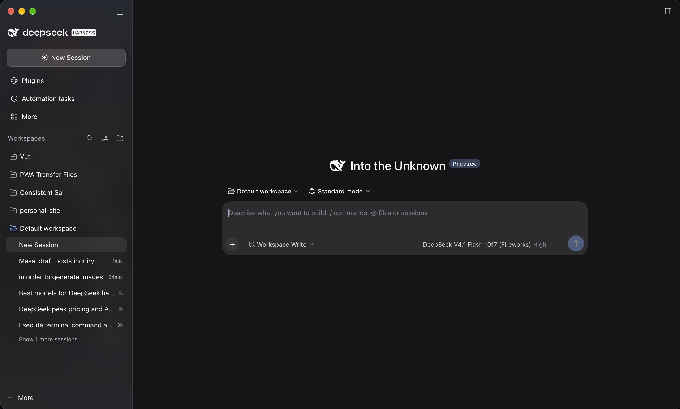 The DeepSeek Harness home screen: a workspace picker set to Default workspace, Workspace Write mode, DeepSeek V4.1 Flash High in the model selector, and a session list of recent work