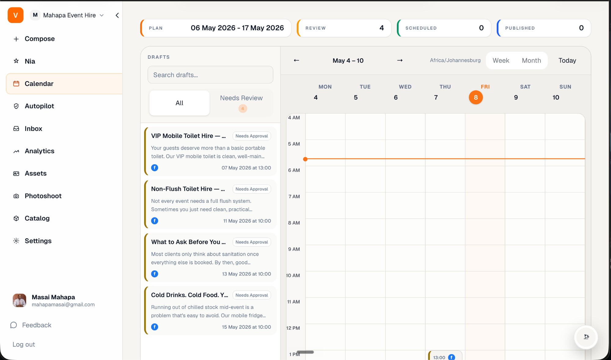 Vuti calendar with drafts awaiting approval